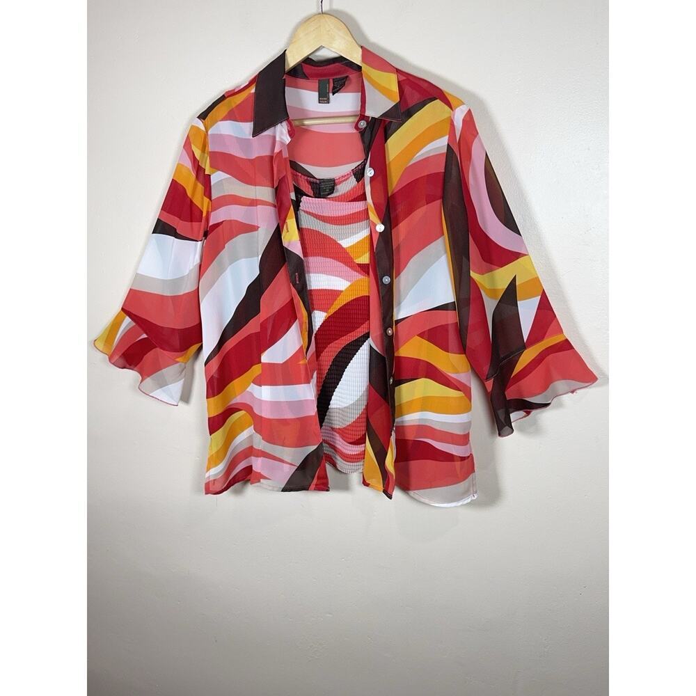 Sere Nade NY Womens 1X Mod 70s Swirl Print Top 2 Piece Tank Button Up Shirt